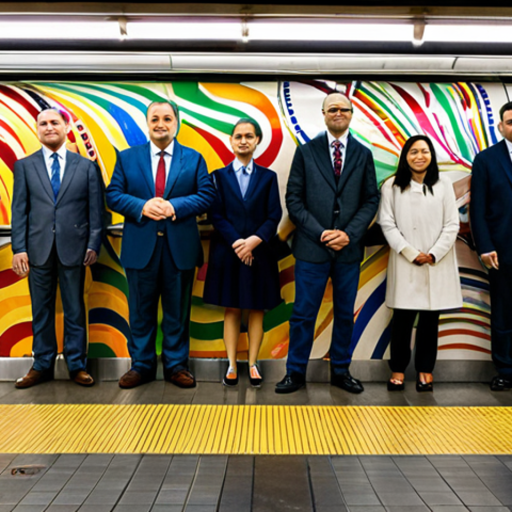 A vibrant, large-scale subway mural featuring dynamic, abstract patterns and a diverse group of commuters, fully clothed in modern, professional attire, standing on a bustling subway platform. The mural covers the station wall, displaying rich colors and intricate details, hinting at urban life and cultural diversity. The background shows a modern subway train arriving at the station. The scene is captured with professional photography, emphasizing sharp focus and balanced lighting. Perfect anatomy, correct proportions, natural pose, well-formed hands, proper finger count, natural body proportions. Safe for work, appropriate content, fully clothed, modest and family-friendly environment.