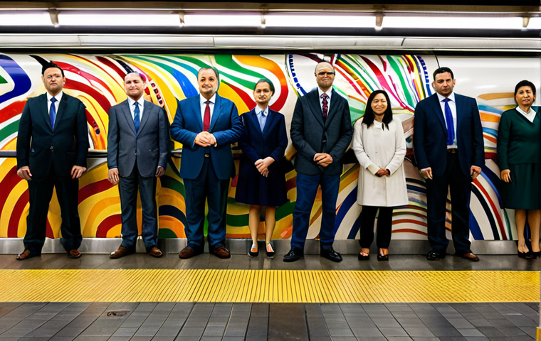 A vibrant, large-scale subway mural featuring dynamic, abstract patterns and a diverse group of commuters, fully clothed in modern, professional attire, standing on a bustling subway platform. The mural covers the station wall, displaying rich colors and intricate details, hinting at urban life and cultural diversity. The background shows a modern subway train arriving at the station. The scene is captured with professional photography, emphasizing sharp focus and balanced lighting. Perfect anatomy, correct proportions, natural pose, well-formed hands, proper finger count, natural body proportions. Safe for work, appropriate content, fully clothed, modest and family-friendly environment.