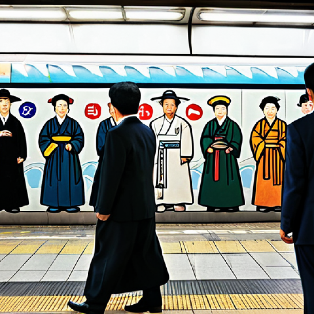 A diverse group of commuters, fully clothed in modest professional dress and appropriate attire, stands on a bustling Seoul subway platform. They are observing a large, detailed mural depicting historical Korean scenes, with traditional architecture and figures. The mural is vibrant with rich colors, contrasting with the modern, clean lines of the underground station. The commuters show varied natural poses, some pausing to admire the art, others walking by. The scene is captured with professional photography, showcasing perfect anatomy, correct proportions, well-formed hands, proper finger count, and natural body proportions. This is a safe for work, appropriate content, family-friendly image. High quality, realistic, detailed.