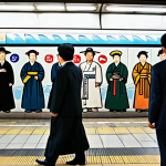 A diverse group of commuters, fully clothed in modest professional dress and appropriate attire, stands on a bustling Seoul subway platform. They are observing a large, detailed mural depicting historical Korean scenes, with traditional architecture and figures. The mural is vibrant with rich colors, contrasting with the modern, clean lines of the underground station. The commuters show varied natural poses, some pausing to admire the art, others walking by. The scene is captured with professional photography, showcasing perfect anatomy, correct proportions, well-formed hands, proper finger count, and natural body proportions. This is a safe for work, appropriate content, family-friendly image. High quality, realistic, detailed.