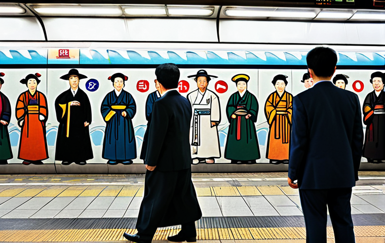 A diverse group of commuters, fully clothed in modest professional dress and appropriate attire, stands on a bustling Seoul subway platform. They are observing a large, detailed mural depicting historical Korean scenes, with traditional architecture and figures. The mural is vibrant with rich colors, contrasting with the modern, clean lines of the underground station. The commuters show varied natural poses, some pausing to admire the art, others walking by. The scene is captured with professional photography, showcasing perfect anatomy, correct proportions, well-formed hands, proper finger count, and natural body proportions. This is a safe for work, appropriate content, family-friendly image. High quality, realistic, detailed.