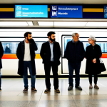 A diverse group of adult commuters, fully clothed in modest everyday and professional attire, standing calmly within a vibrant Madrid Metro station. The station walls are adorned with large-scale contemporary art installations and colorful mosaic murals, which the commuters are observing with interest. The environment is clean, well-lit, and spacious, reflecting the metro as an unexpected art gallery. Professional photography, high quality, perfect anatomy, correct proportions, natural poses, well-formed hands, proper finger count, natural body proportions, safe for work, appropriate content, fully clothed, family-friendly.