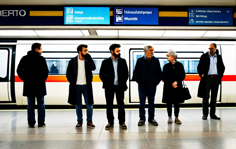 A diverse group of adult commuters, fully clothed in modest everyday and professional attire, standing calmly within a vibrant Madrid Metro station. The station walls are adorned with large-scale contemporary art installations and colorful mosaic murals, which the commuters are observing with interest. The environment is clean, well-lit, and spacious, reflecting the metro as an unexpected art gallery. Professional photography, high quality, perfect anatomy, correct proportions, natural poses, well-formed hands, proper finger count, natural body proportions, safe for work, appropriate content, fully clothed, family-friendly.