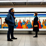 **

"A vibrant and colorful mural in a Madrid metro station, reflecting local Spanish culture and history. Passengers, fully clothed in appropriate attire, are seen admiring the artwork while waiting for their train. The scene is well-lit and clean, showcasing the beauty and accessibility of public art. Safe for work, appropriate content, fully clothed, professional photography, perfect anatomy, natural proportions, family-friendly."

**