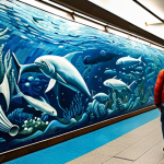 **

"A vibrant mosaic mural in a subway station, Toledo station in Naples inspiration, depicting underwater scenes with swirling blues and whites, stylized, fully clothed figures visible in the foreground observing the art, safe for work, appropriate content, fully clothed, professional, perfect anatomy, correct proportions, natural pose, high quality."

**