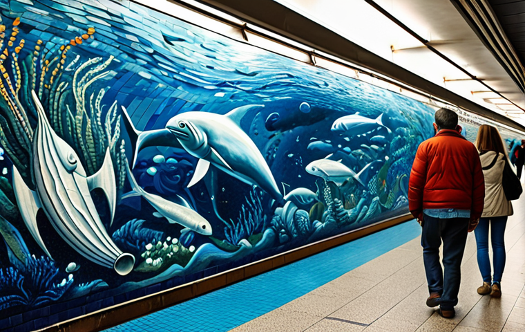 **
"A vibrant mosaic mural in a subway station, Toledo station in Naples inspiration, depicting underwater scenes with swirling blues and whites, stylized, fully clothed figures visible in the foreground observing the art, safe for work, appropriate content, fully clothed, professional, perfect anatomy, correct proportions, natural pose, high quality."
**