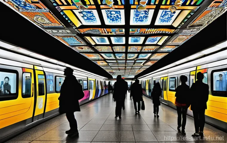 지하철 아트와 현대 미술 - **"Unexpected Underground Gallery"**
    A bustling, sun-drenched (through cleverly designed ceiling...