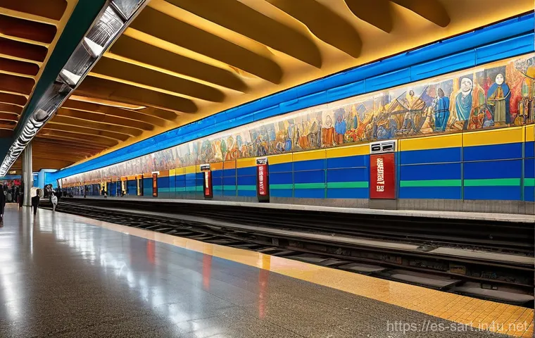 지하철 아트의 시각적 효과 - **Prompt:** A dynamic, wide shot of a bustling Latin American subway station, like Universidad de Ch...