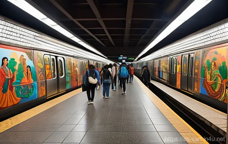 지하철 아트와 교통 문화 - **Prompt 1: Madrid's Grand Tropical Oasis Station**
    A grand, spacious underground train station ...