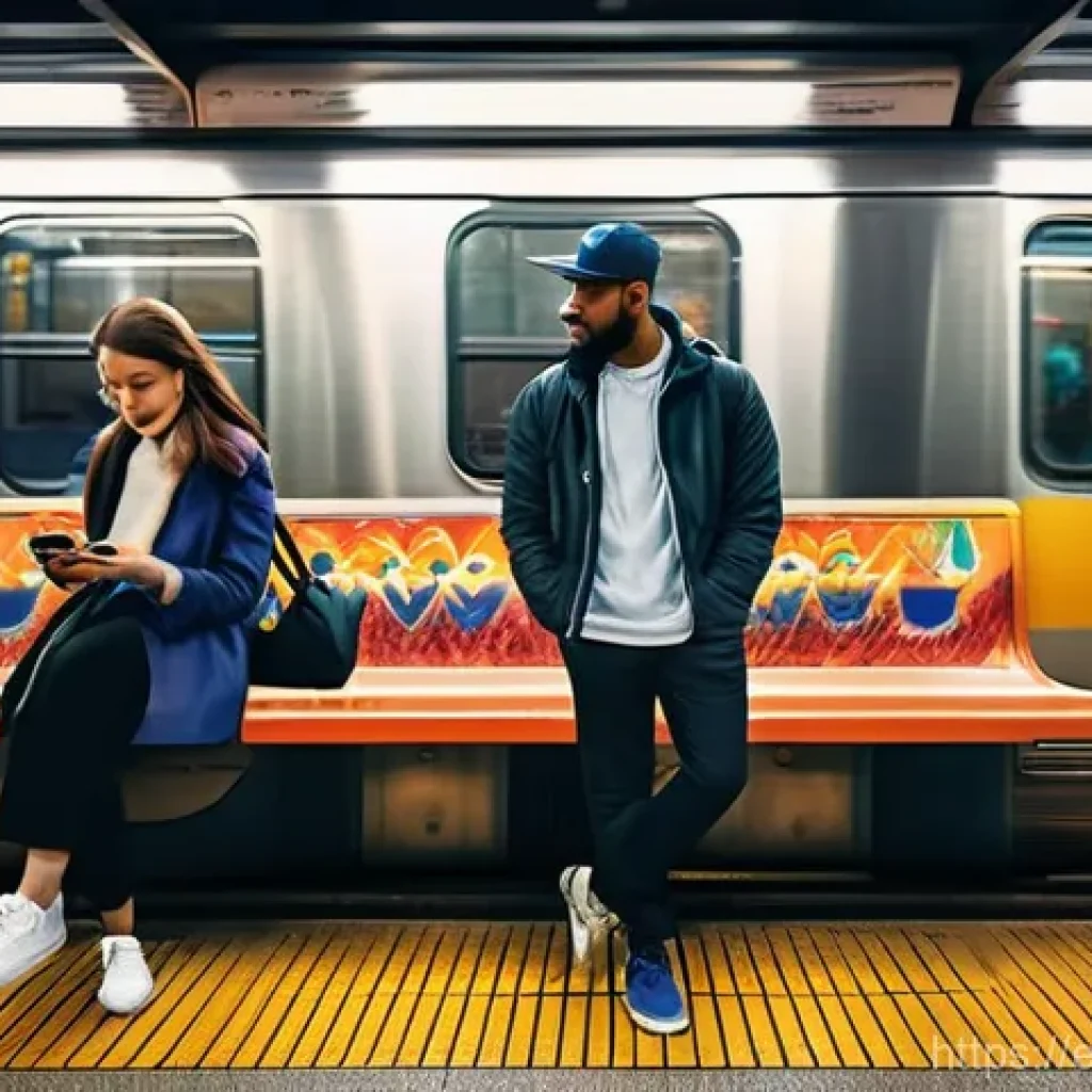 지하철 예술로 보는 도시 변화 - **A Vibrant Urban Subway Station with Diverse Commuters and Grand Murals.**
    A bustling, modern s...