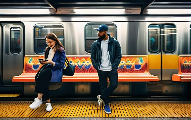 지하철 예술로 보는 도시 변화 - **A Vibrant Urban Subway Station with Diverse Commuters and Grand Murals.**
    A bustling, modern s...
