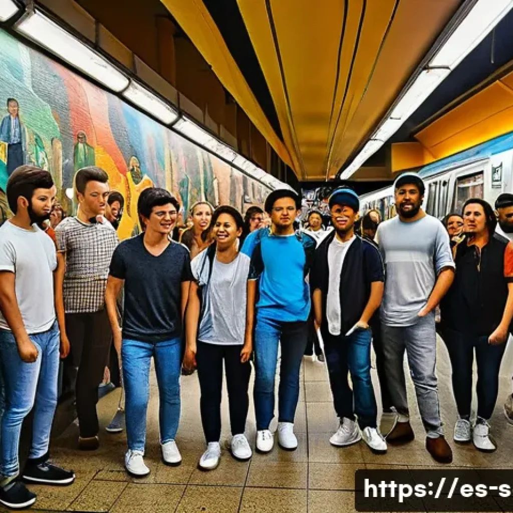 지하철 예술의 사회적 의미 - **Prompt:** "A vibrant mural inside a bustling subway station in Madrid, Spain. The mural depicts a ...