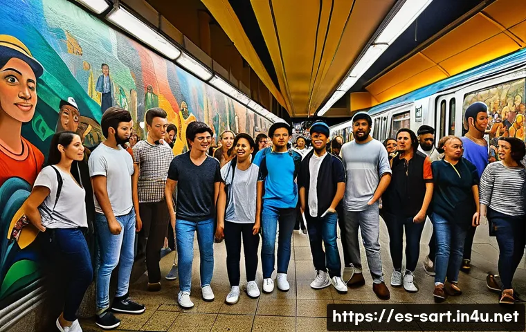 지하철 예술의 사회적 의미 - **Prompt:** "A vibrant mural inside a bustling subway station in Madrid, Spain. The mural depicts a ...