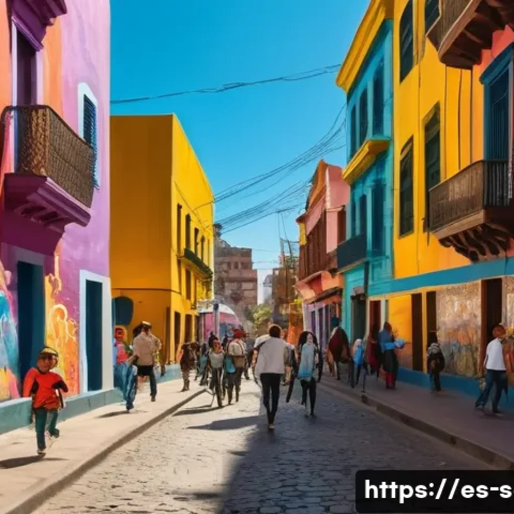 지하철 아트와 사람들의 반응 - A vibrant, photorealistic wide shot of a bustling street in a colorful Latin American city, reminisc...