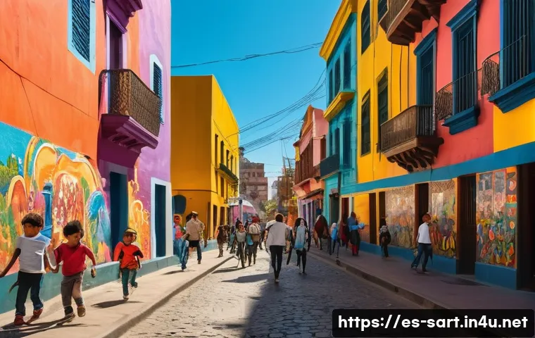 지하철 아트와 사람들의 반응 - A vibrant, photorealistic wide shot of a bustling street in a colorful Latin American city, reminisc...