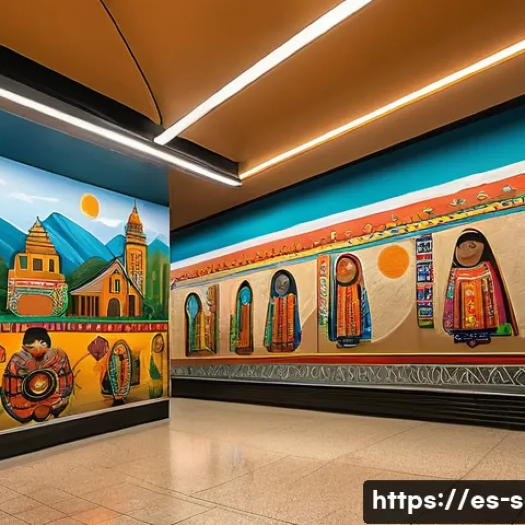 서울 지하철 예술 프로젝트 발전사 - A vibrant Latin American metro station interior richly decorated with large murals depicting indigen...