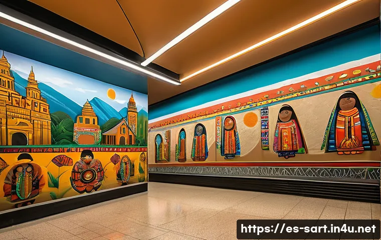 서울 지하철 예술 프로젝트 발전사 - A vibrant Latin American metro station interior richly decorated with large murals depicting indigen...