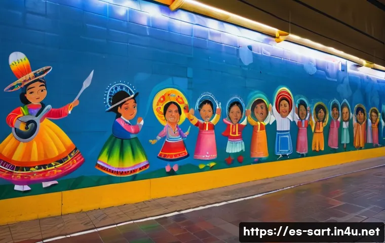 지하철 아트와 공공미술 - A vibrant urban metro station in Mexico City decorated with large colorful murals depicting local hi...