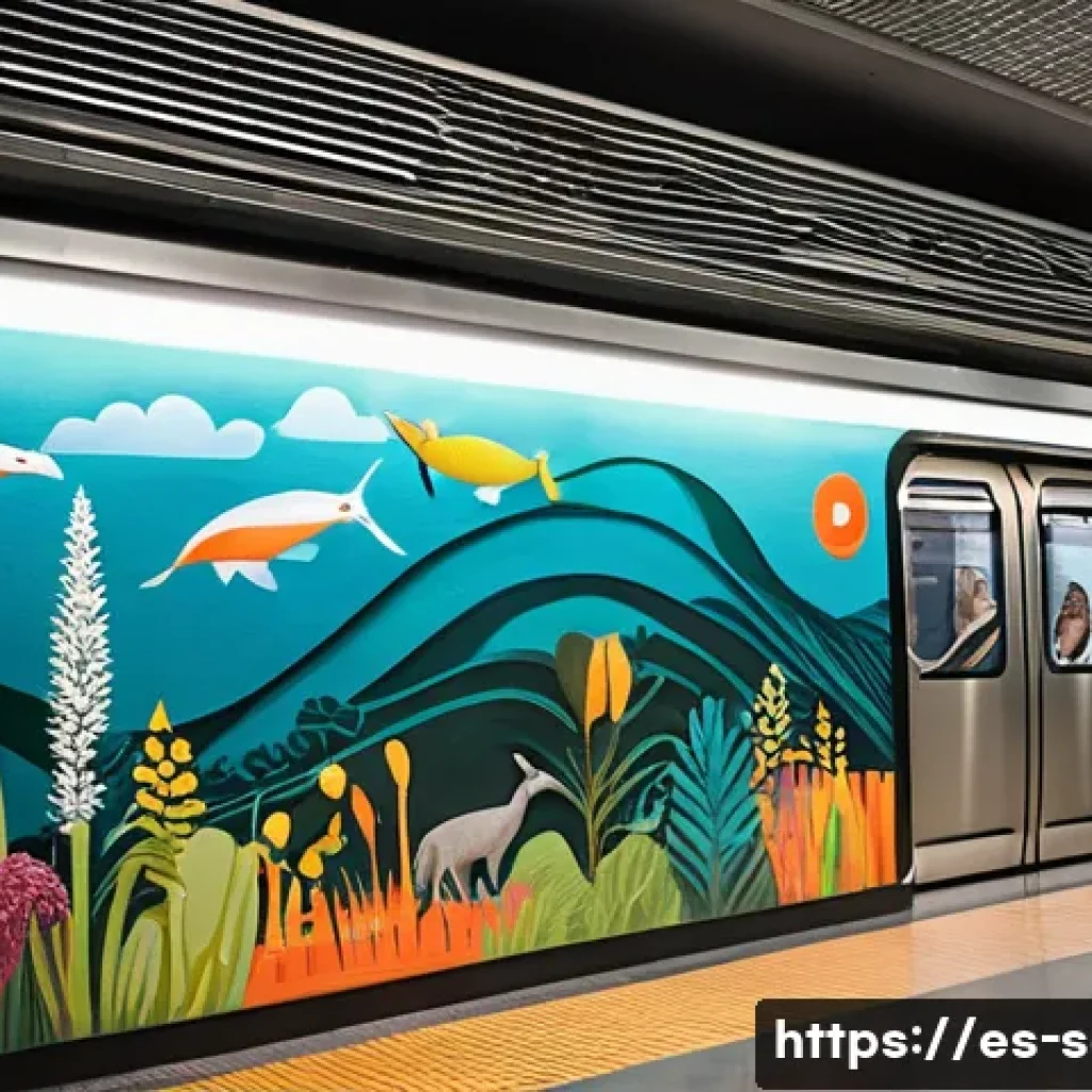 지하철 아트와 환경미술 - A vibrant metro station mural in Mexico City depicting lush ecosystems and biodiversity conservation...