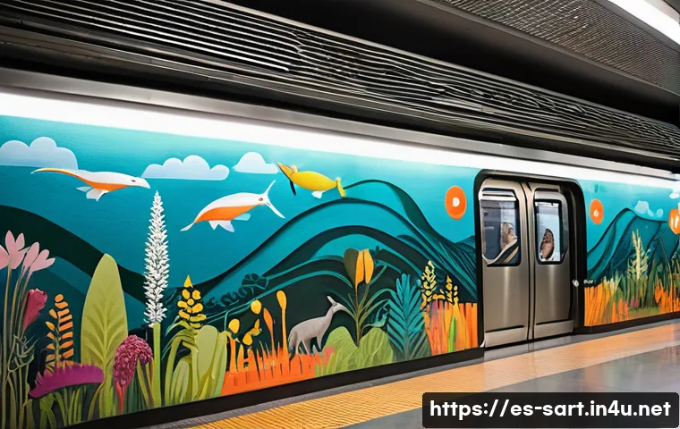 지하철 아트와 환경미술 - A vibrant metro station mural in Mexico City depicting lush ecosystems and biodiversity conservation...