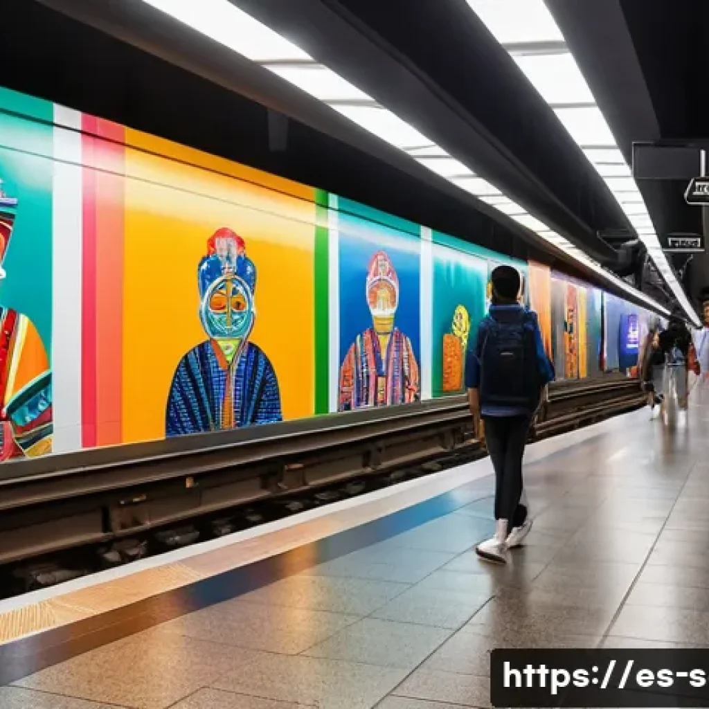 지하철 아트의 창의적 접근 - A vibrant underground metro station in Mexico City featuring large colorful murals that depict mesti...