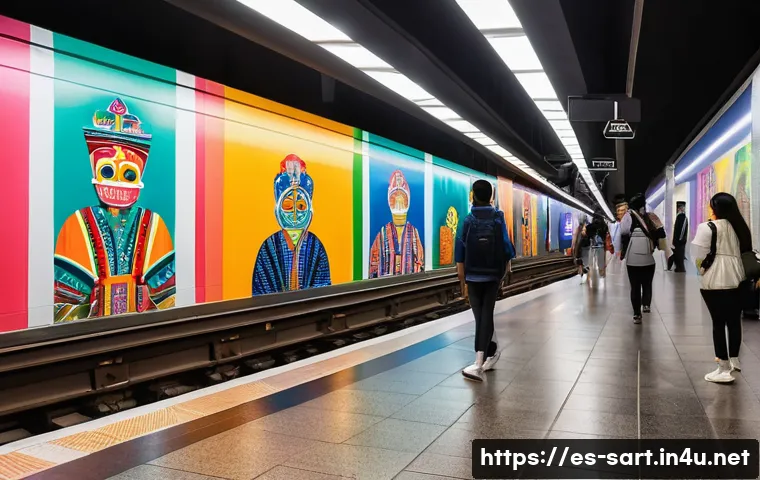 지하철 아트의 창의적 접근 - A vibrant underground metro station in Mexico City featuring large colorful murals that depict mesti...