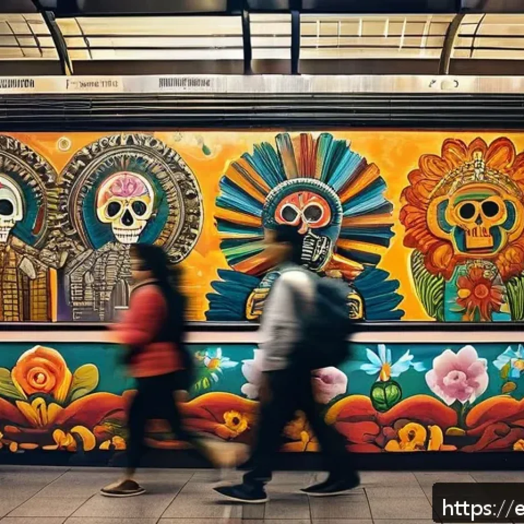 지하철 예술과 환경 - A vibrant subway station mural in Mexico City&rsquo;s Bellas Artes metro station, showcasing traditional M...