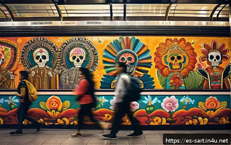 지하철 예술과 환경 - A vibrant subway station mural in Mexico City&rsquo;s Bellas Artes metro station, showcasing traditional M...