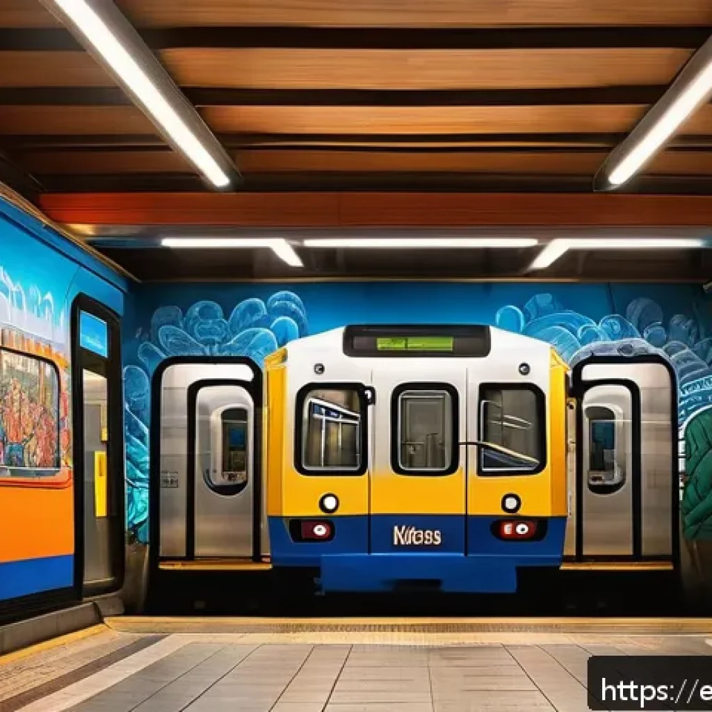 서울 지하철 벽화 - A vibrant metro station in a bustling Spanish city featuring large, colorful murals that depict loca...