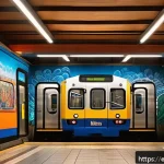 Home 21 서울 지하철 벽화 - A vibrant metro station in a bustling Spanish city featuring large, colorful murals that depict loca...