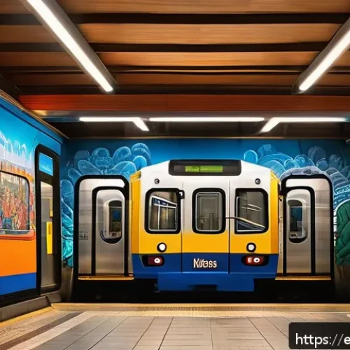 Home 33 서울 지하철 벽화 - A vibrant metro station in a bustling Spanish city featuring large, colorful murals that depict loca...