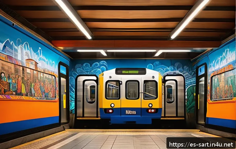 서울 지하철 벽화 - A vibrant metro station in a bustling Spanish city featuring large, colorful murals that depict loca...