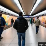 Home 20 지하철 아트와 기능적 디자인 - A vibrant underground metro station in Madrid featuring contemporary murals with dynamic natural lig...