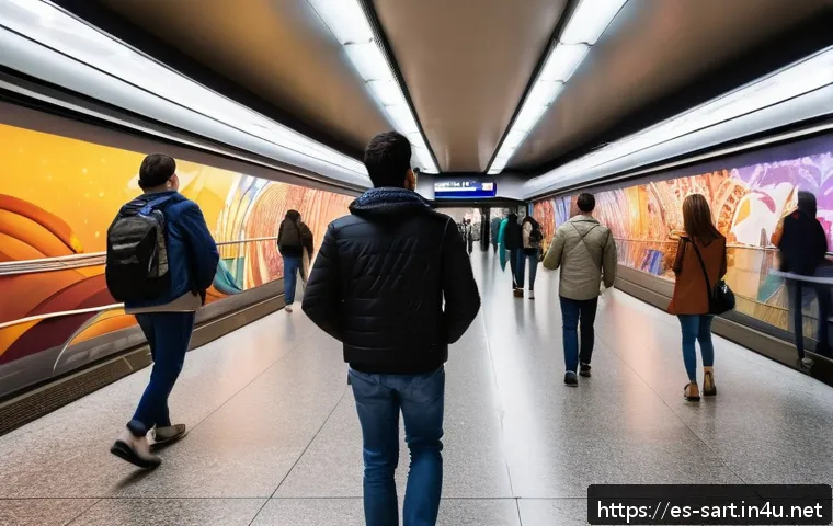 지하철 아트와 기능적 디자인 - A vibrant underground metro station in Madrid featuring contemporary murals with dynamic natural lig...