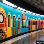 Home 19 지하철 아트와 사회적 참여 - A vibrant metro station in Mexico City transformed by large, colorful murals depicting indigenous tr...