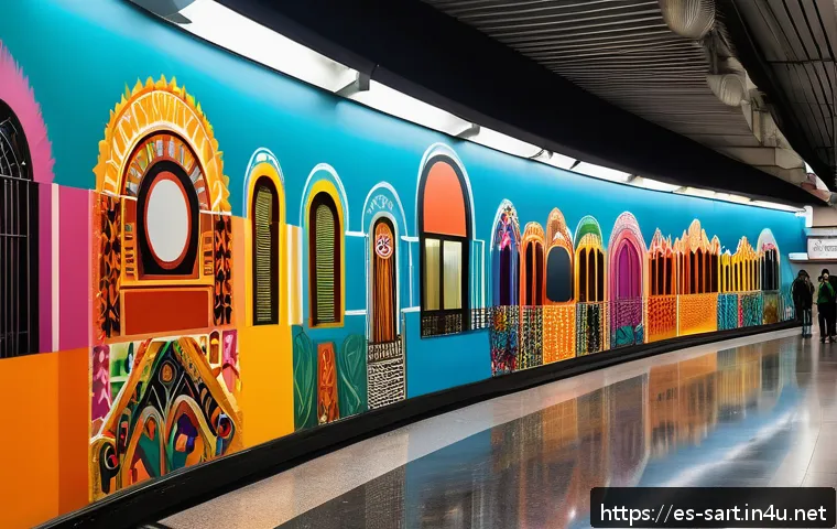 지하철 아트와 사회적 참여 - A vibrant metro station in Mexico City transformed by large, colorful murals depicting indigenous tr...