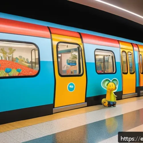 Home 17 지하철 아트와 아이들의 반응 - A vibrant metro station interior filled with colorful murals depicting friendly animal characters an...