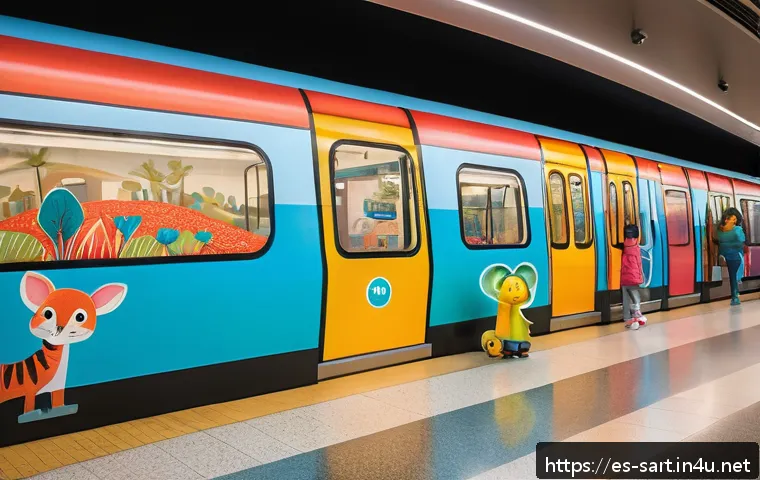 지하철 아트와 아이들의 반응 - A vibrant metro station interior filled with colorful murals depicting friendly animal characters an...